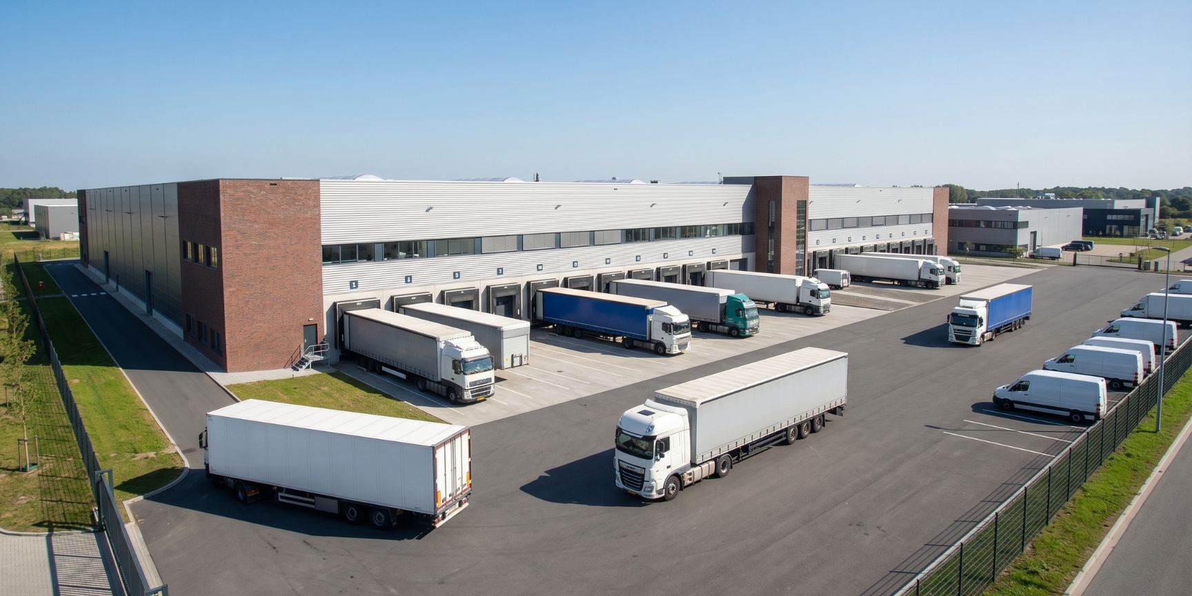 Exterior shot of a modern logistics depot with several trucks docked at the loading bays and trucks maneuvering in the asphalt yard